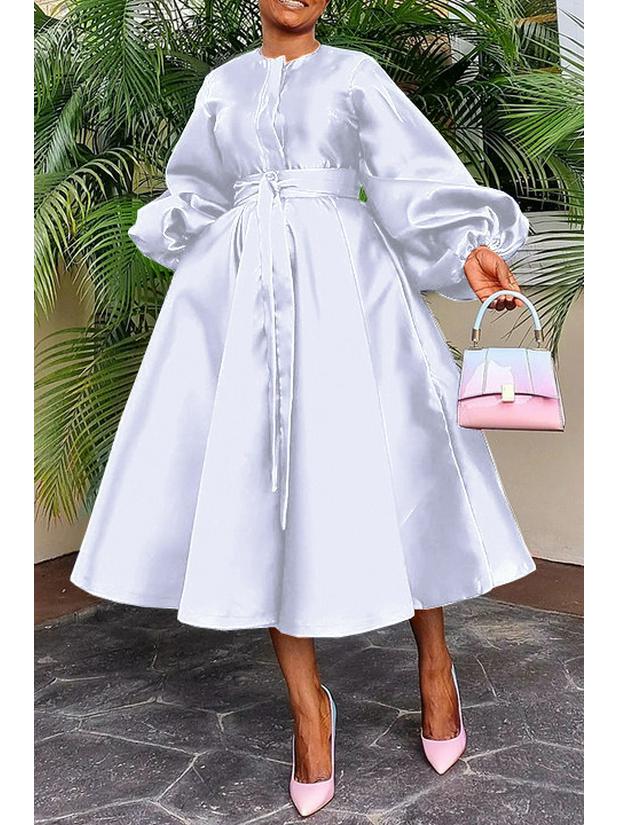 European & American Women's Solid Color Shiny Lantern Sleeve Dress