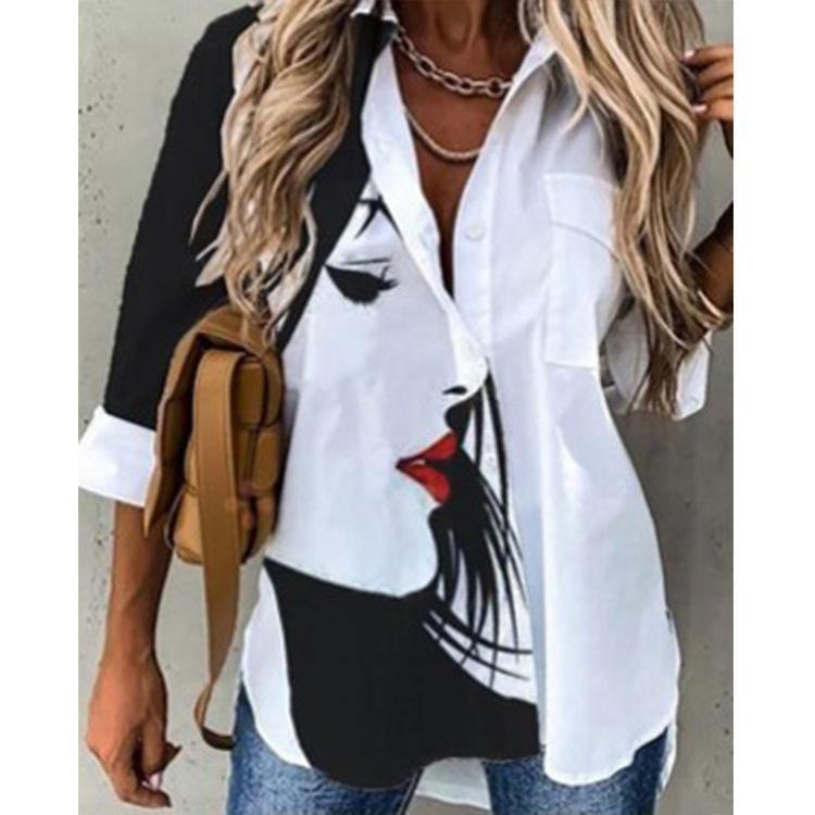 New Spring Summer Women's Fashion Long Sleeve Print Top