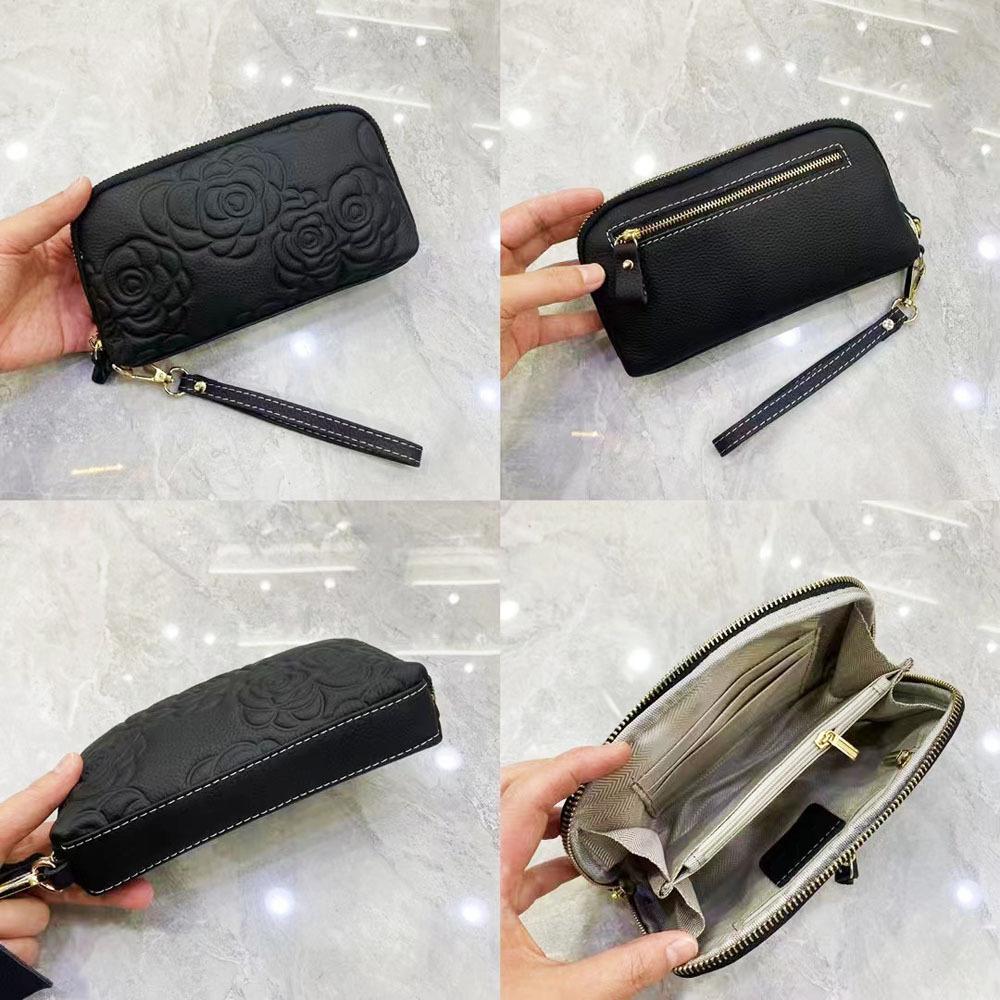 Borsa Portaoggetti Interamente in Pelle, Borsa con Cerniera, Porta Carte, Pelle Bovina Goffrata Retro Fiore Rosa, Borsa per Cellulare, Portamonete.