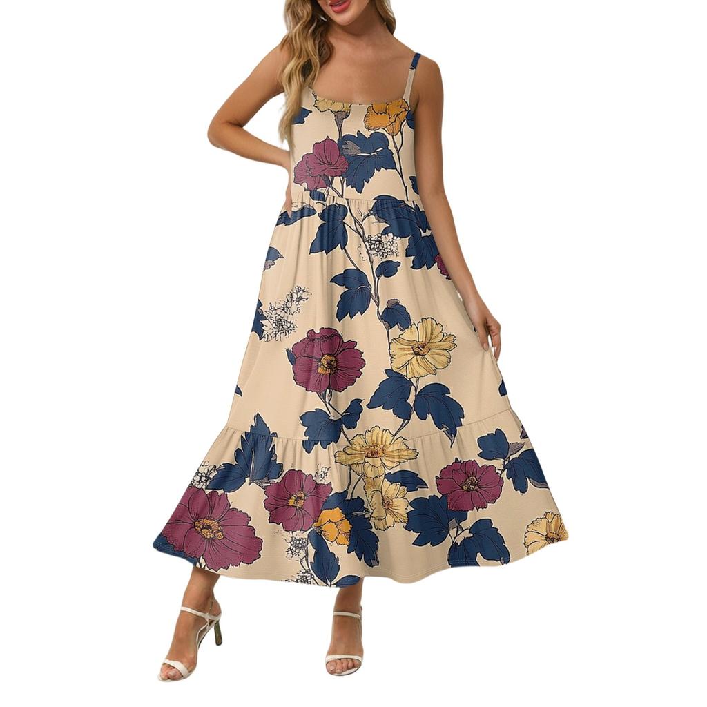 Damska Długa Plażowa Codzienna Elegancka Sukienka Maxi na Cienkich Ramiączkach, Szyta, Subtelna, Zwiewna Sukienka w Stylu Boho