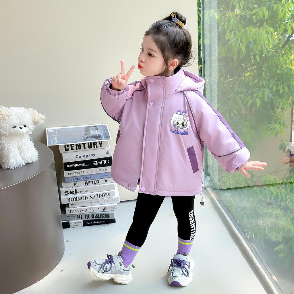 Girls' Fleece-Lined Windproof Jacket Set with Bag for Toddlers/Little Kids, Thick Autumn/Winter Coat with Cotton Lining