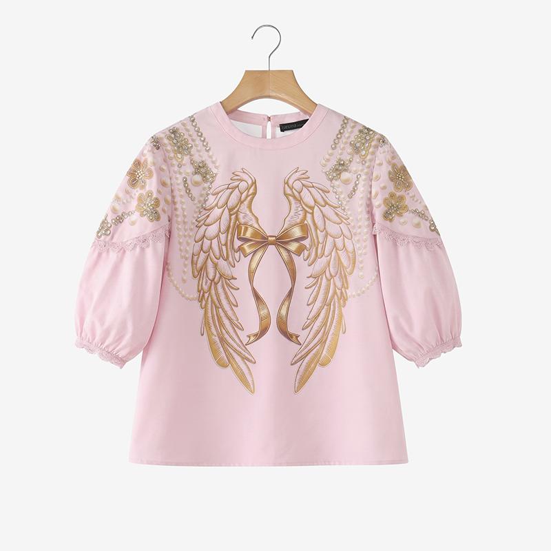 ZANZEA Damen Freizeit Rundhals Locker 3/4 Ärmel Print Bluse
