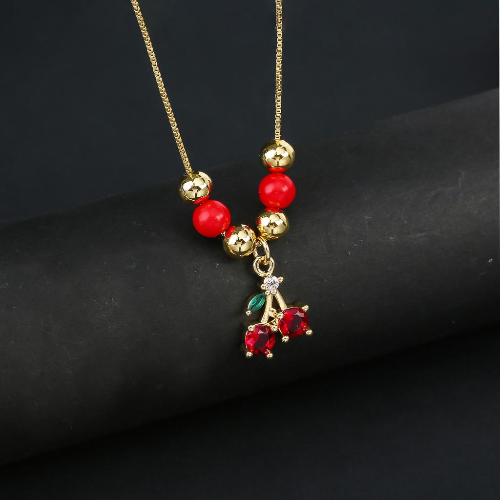 Hot Sale Crystal Red Cherry Pendant Necklace For Woman Gold Plated Fruit Collarbone Chain Fashion Daily Party Jewelry Gift