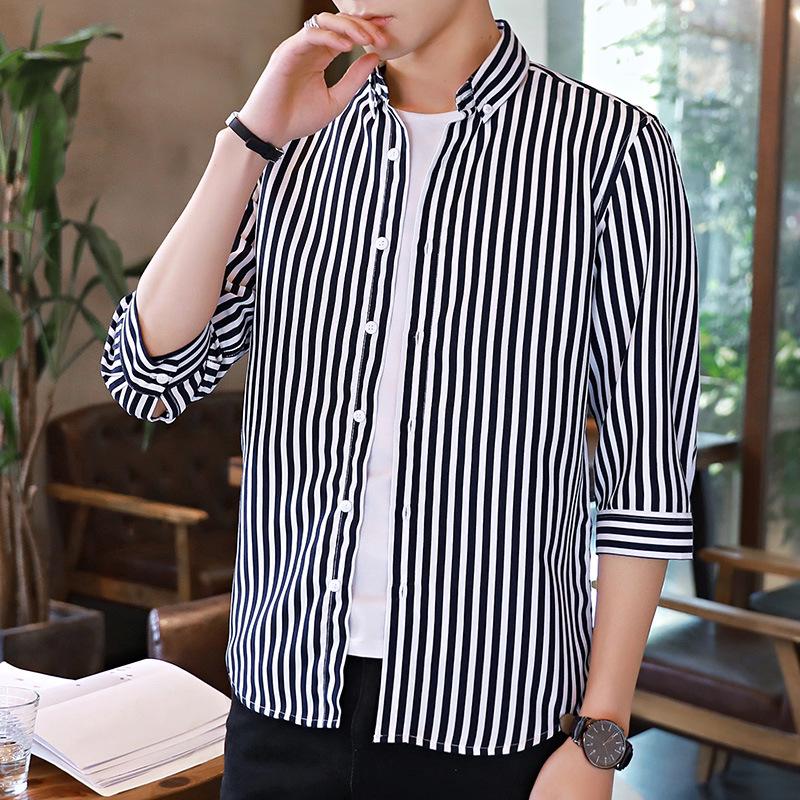 Men's Slim-Fit Striped Shirt: Japanese Style, Seven-Sleeve, Urban Casual for Spring and Autumn