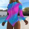 Women Long Sleeve One Piece Swimsuit Zip Front Gradient Starry Sky Print Rash Guard Surfing Bathing Suit