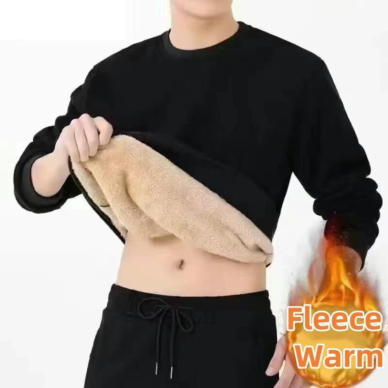 Autumn Winter Fleece Lined Men'S Warm Top Korean Fashionable Long Sleeved Base Shirt Plush Casual Warm Underwear T-Shirt