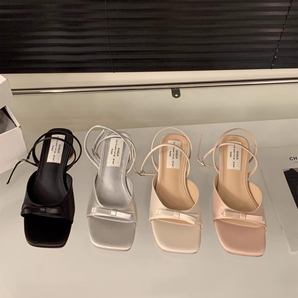 French thick heel silver thin strap sandals fairy shoes 2025 new summer with skirt bow Roman shoes