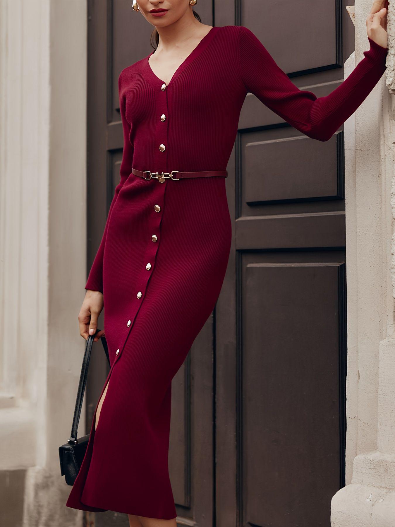 

Элегантное женское длинное вязаное платье в европейском и американском стиле с пуговицами спереди и поясом Extra Large