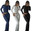 Women's 2 Piece Outfits Long Sleeve Crew Neck Crop Top Ruched Low Waist Flared Pants Set Fall Casual Lounge Set