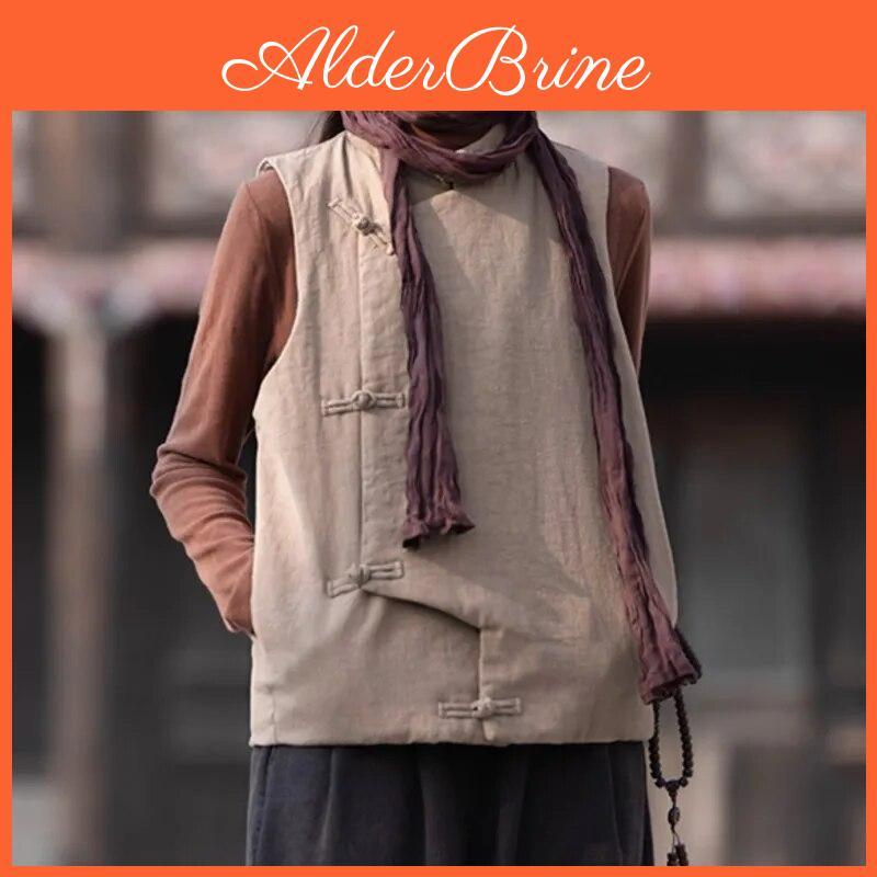 Johnature Vests Coats Women Vintage Stand Solid Color Button Plus Cotton Clothes Autumn Warm Chinese Style Vests
