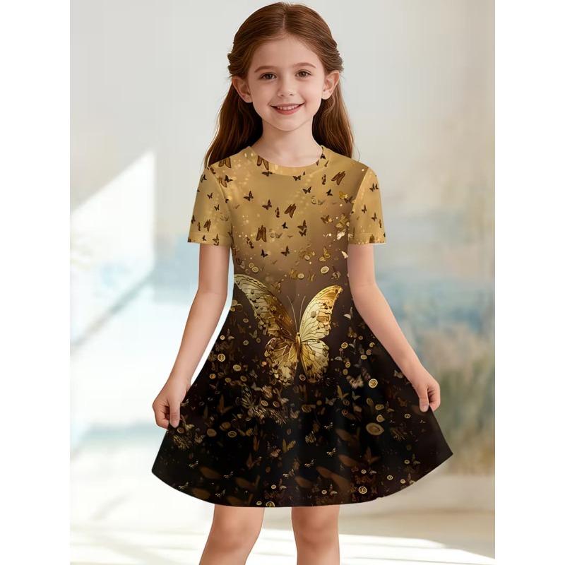 Dress for Girls Sequin Butterfly 3D Printed Short Sleeve Dress Summer Loose Girls' Casual Dress Round Neck Hot Sale Girl Clothes