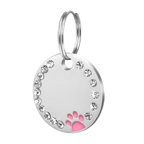 25mm Metal Blank Dog Tag Paw Rhinestone Pet Cat ID Name Engraved Key Ring Chain розовый