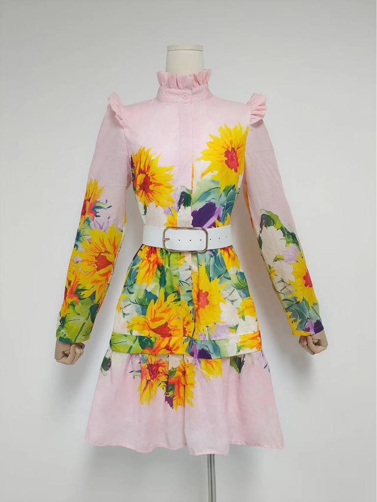 Sunflower Print Lace A-Line Dress with Stand-Up Collar & Long Sleeves