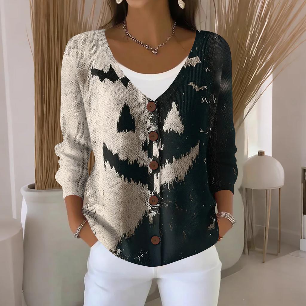Women's Fashion Casual Knit Sweater Button-Up Halloween Printed  Cardigan Jacket
