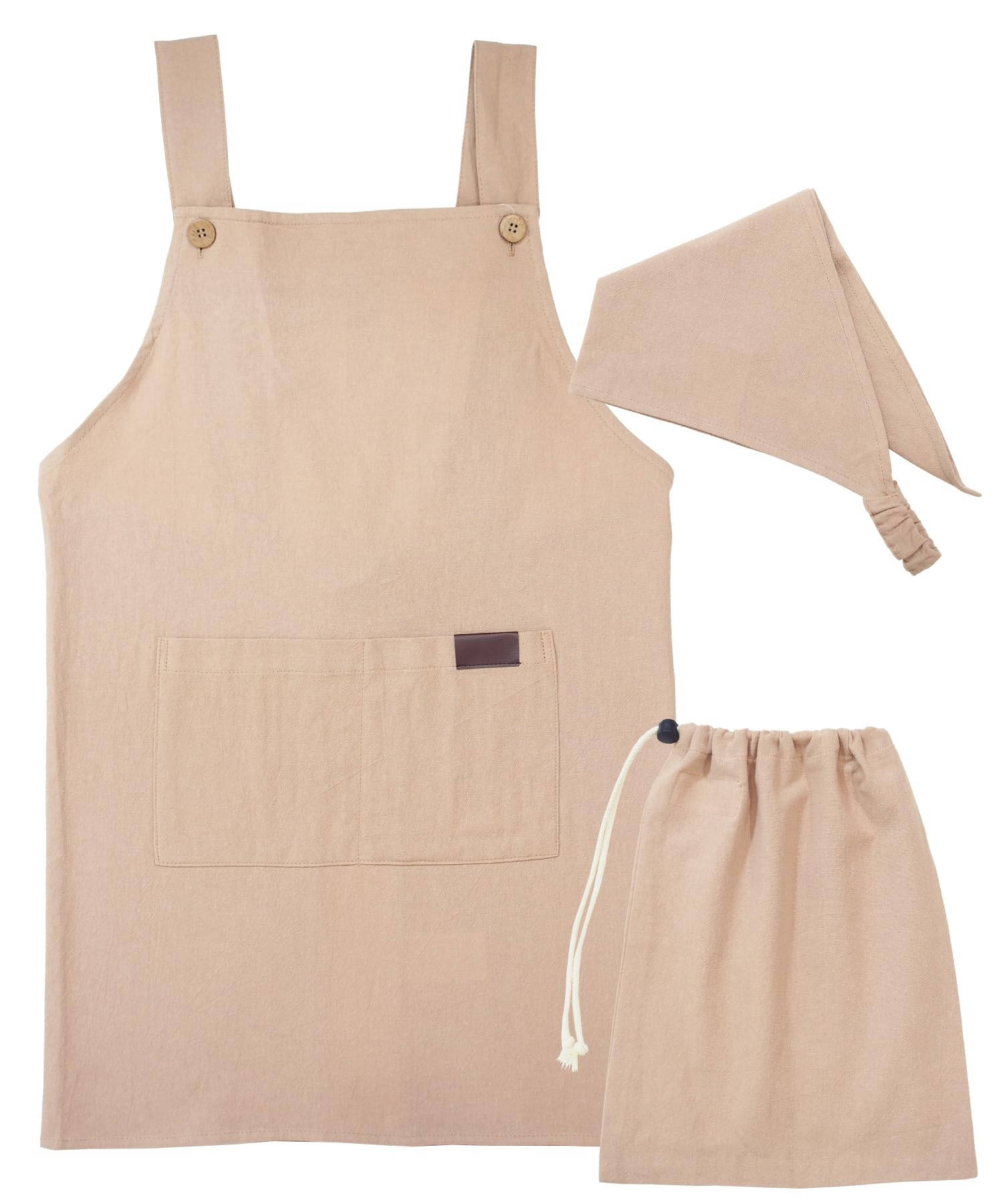 

ON NISHIKI Kids Apron Set 3-Piece Cotton Apron Triangle Bandana Drawstring Bag Elementary School Size Beige