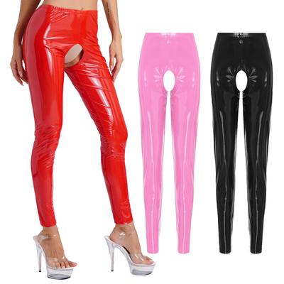 Womens Glossy Patent Leather Crotchless Pants Elastic Leggings High Waist Long Pants Sexy Clubwear