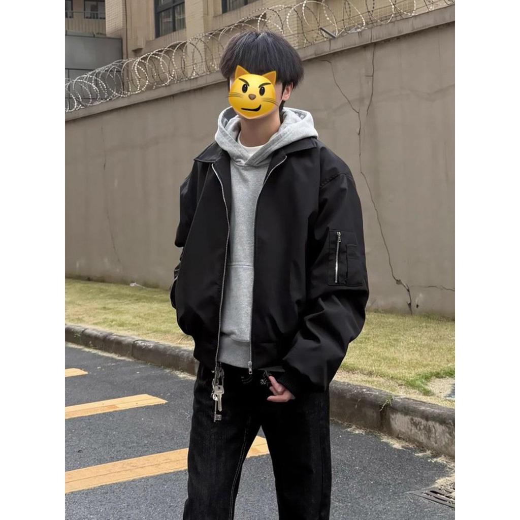 Men's Black MA1 Bomber Jacket - Autumn Streetwear Cool Lapel Short Silhouette Baseball Outerwear.