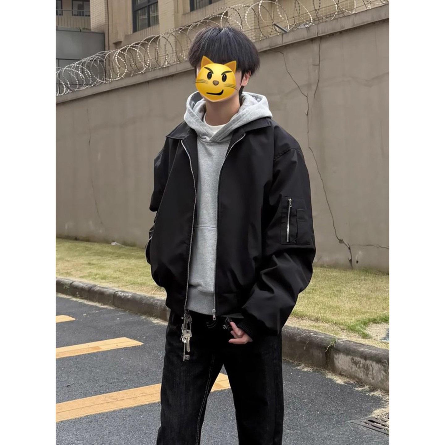 Мужская черная куртка-бомбер MA1 - Осенний уличный стиль, крутой воротник, короткий силуэт, бейсбольная верхняя одежда. L