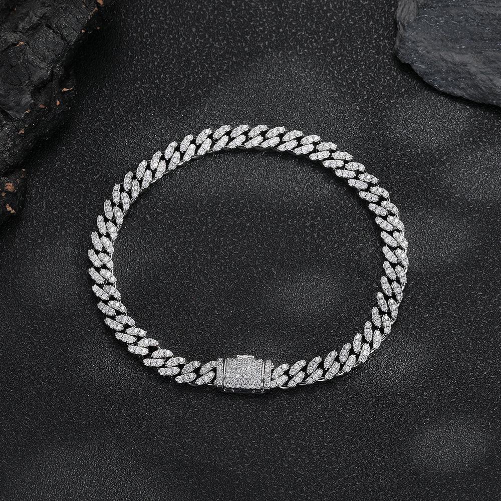Geometric Diamond 6mm Single Row Cuban Chain Necklace, Hip-hop Personality Full Diamond Bracelet, Trendy Accessory