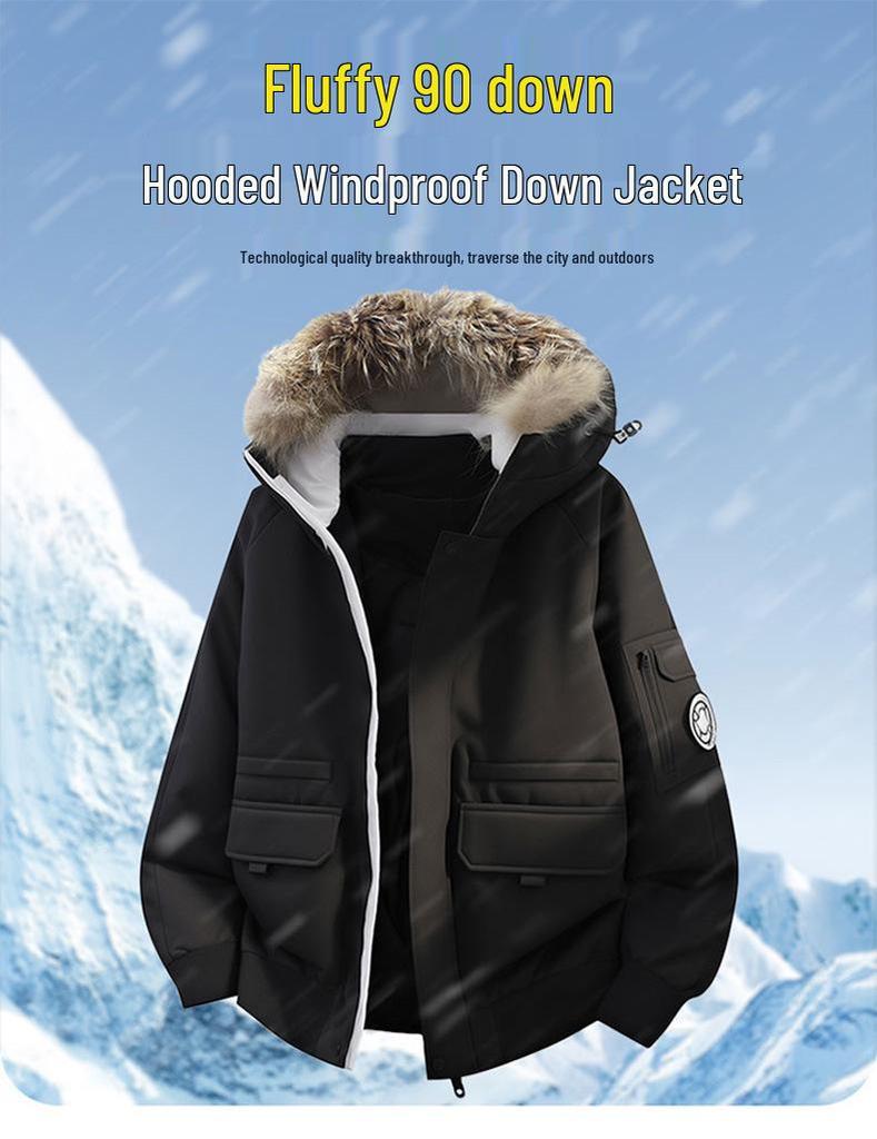 Men's Unisex Windproof Winter Workwear Down Jacket with Warm Hood & Large Fur Collar