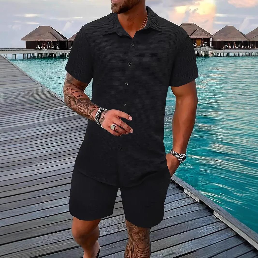 

Летний жаккардовый комплект из черно-белой однотонной рубашки с коротким рукавом для мужчин в повседневном стиле для отдыха XXL чёрный