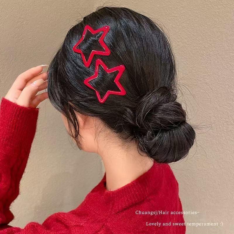 Red Pentagram New Year Star Hair Clip - Festive Side Bang Accessory for Women and Girls