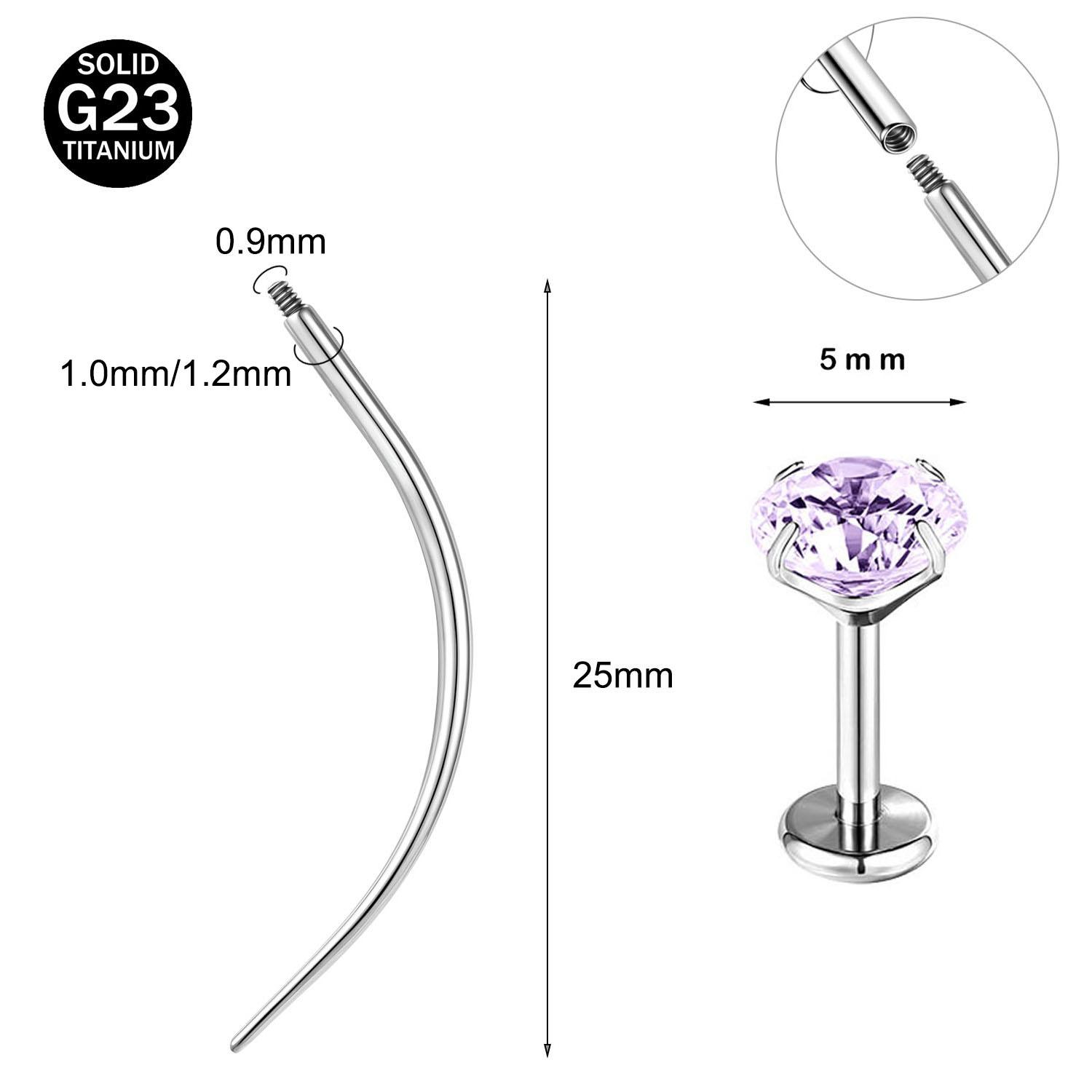 

ZS 2Pcs/lot 16G/18G Crystal Lip Labret Piercing G23 Titanium Lip Studs Cartilage Earring Guiding Needle Daith Helix Piecings (16G)1.2X8mm