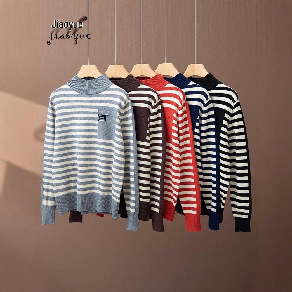 

2025 Women’s Korean Style Striped Half High Neck Knitted Pullover Sweater L серый