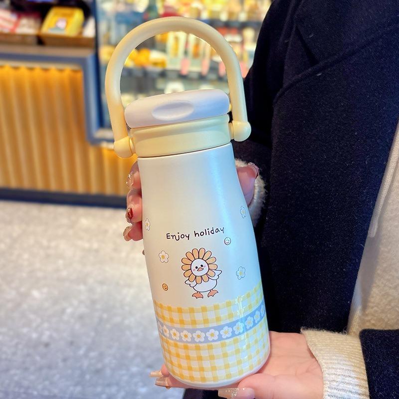 Мультяшная милая детская термобутылка из нержавеющей стали 316 с трубочкой, портативная двойная питьевая термокружка для студентов 500ml жёлтый