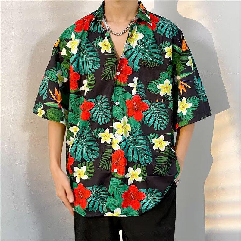 Herren Floral Retro Strandhemd - Kurzarm, Lockerer Schnitt, Trendiger Hongkong-Stil