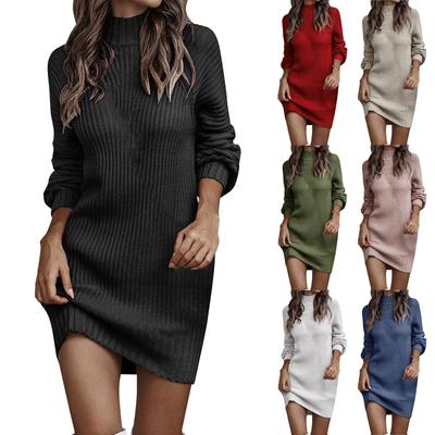 Women's Knitted Dress Turtleneck Winter Sweater Dress Knitted Dresses Midi Plain Long Wool Dress