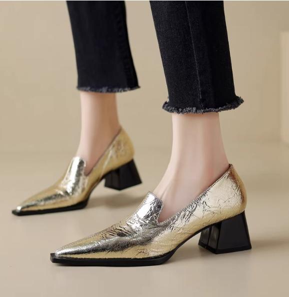 Fashion Women Mid-heeled Loafers Fashion Casual Office Shallow Solid Color Elegant Dress Pumps 2025New Trendy Pointed Toe Leather Shoe