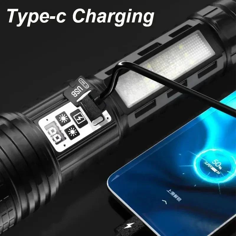 Super Big Flashlight USB Rechargeable Most Strong LED Flash Light Long Range Torch Zoom Outdoor With Digital Power Display