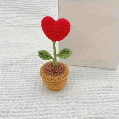 1pc Valentine'S Day Heart-Shaped Artificial Flower Pot-Handwoven Decorative Plant with Green Leaves&Red Heart,Flower Decorations