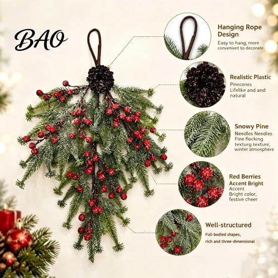 Artificial Winter Wreath Upside Down Christmas Tree Hanging Decor, Pinecone Berry with Flocked Rustic Holiday Home Decor Snow Tips, Wall Door Ornament