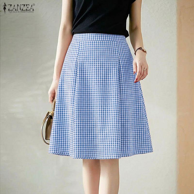 ZANZEA Women Loose Casual Grid Print A-Line Skirts