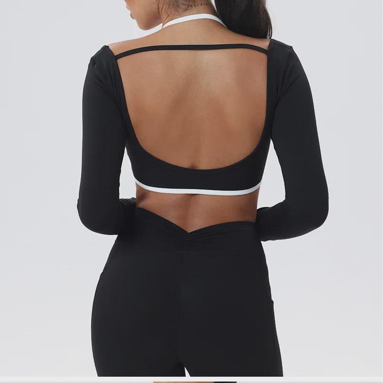 European-American Contrast Long-Sleeve Quick-Dry Yoga Top with Beautiful Back and Built-in Bra