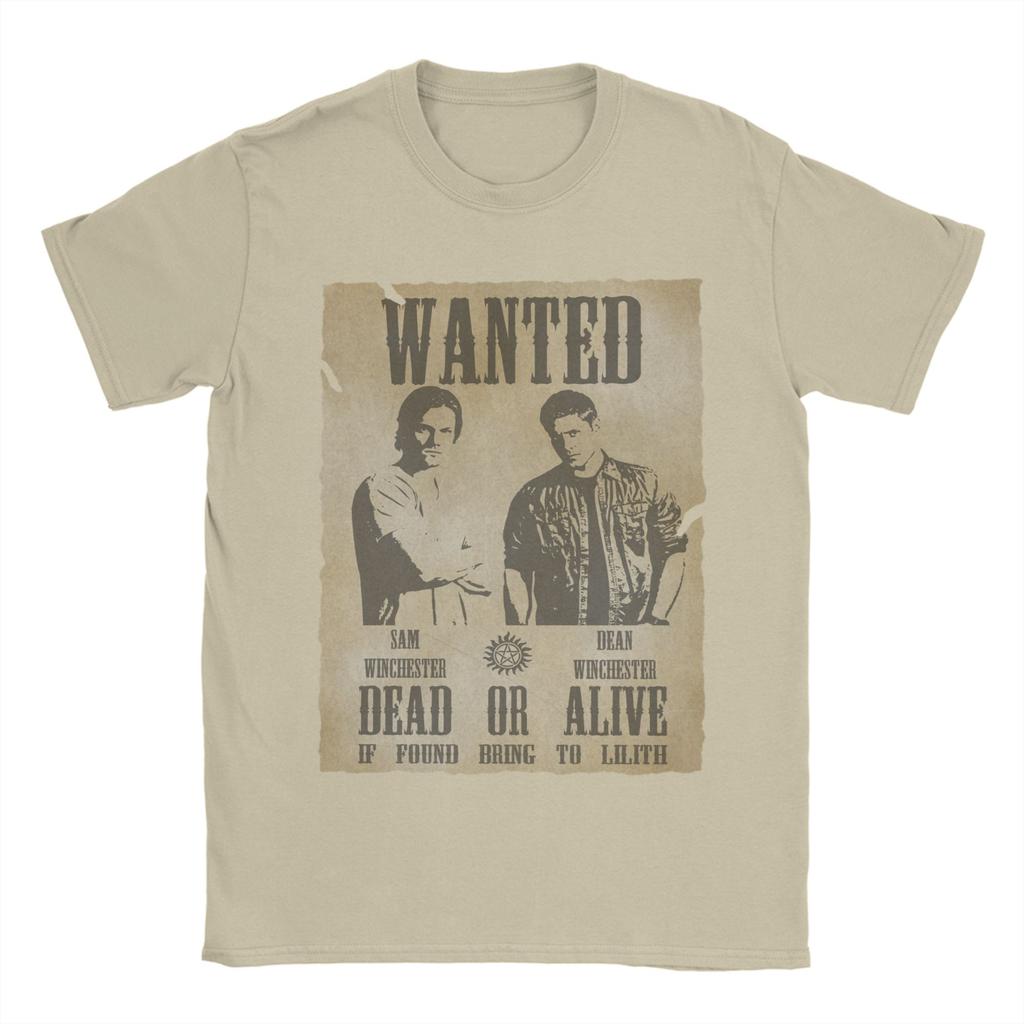 Men TShirts Supernatural Wanted Dead or Alive Humor 100 Cotton Tees Short Sleeve Winchester T Shirt Crew Neck Clothes Original