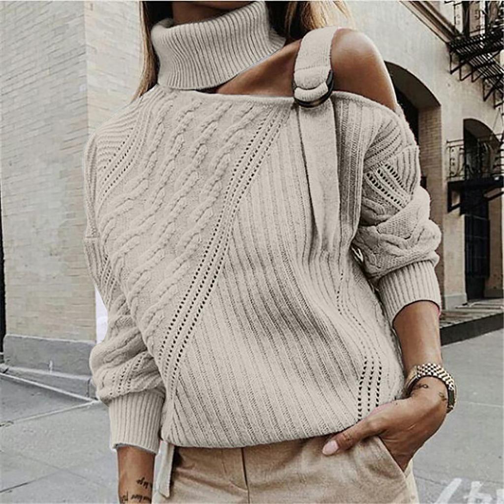 Women's  And Winter Casual Loose Solid Color Stitching Long-sleeved Stand Collar One Side Strapless Knit Sweater Top