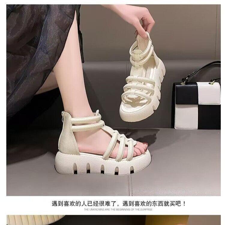 2025 Korean Tide Muffin Thick-soled Thin-ribbon Sandals Summer with Skirt Roman Leather Sandals Women's Zipper Open-toe