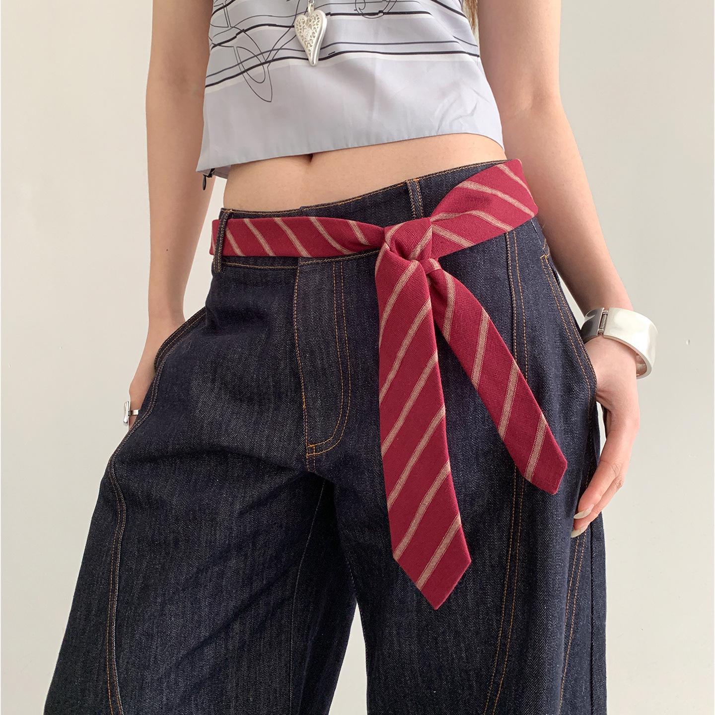 Women s American Retro Red Striped Belt & Silk Scarf Waist Tie for Skirts & Jeans One Size