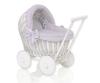 Witte rieten poppenwagen met grijze beddengoed en zachte voering