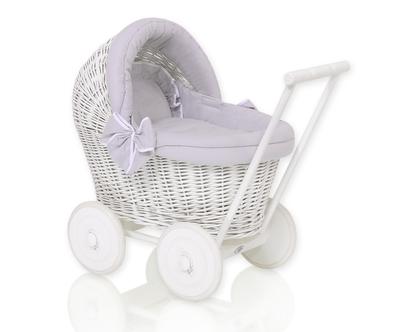White Wicker Pushchair for Dolls with Gray Bedding and Soft Lining