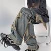 American Retro Men's Star Raw Edge Washed Loose Straight Jeans