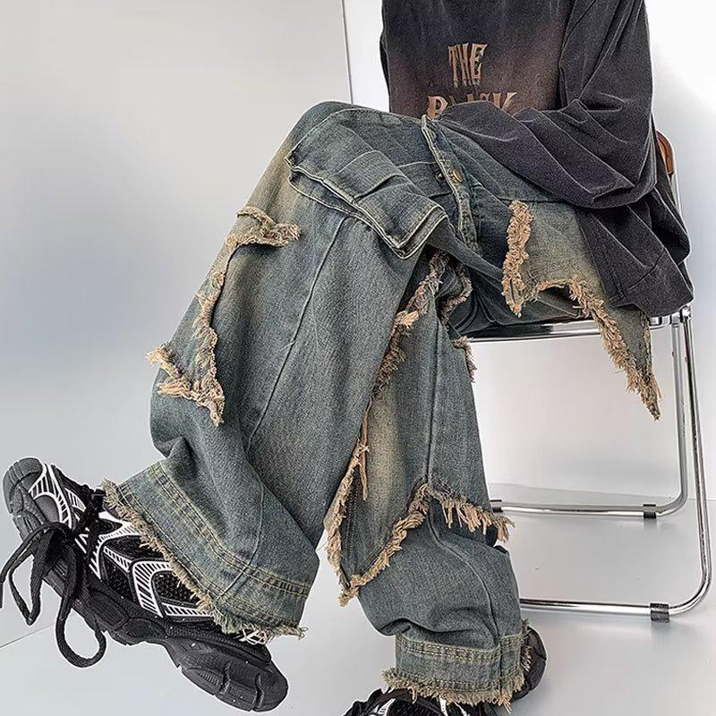 American Retro Men's Star Raw Edge Washed Loose Straight Jeans