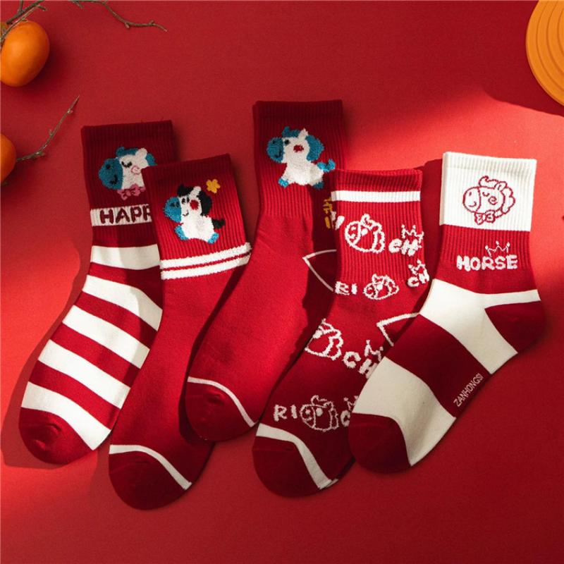 1Pair 2026 Year Of The Horse Red Socks Autumn Winter Warm Mid-Tube Socks Cartoon Pony Socks  Year Party Gifts