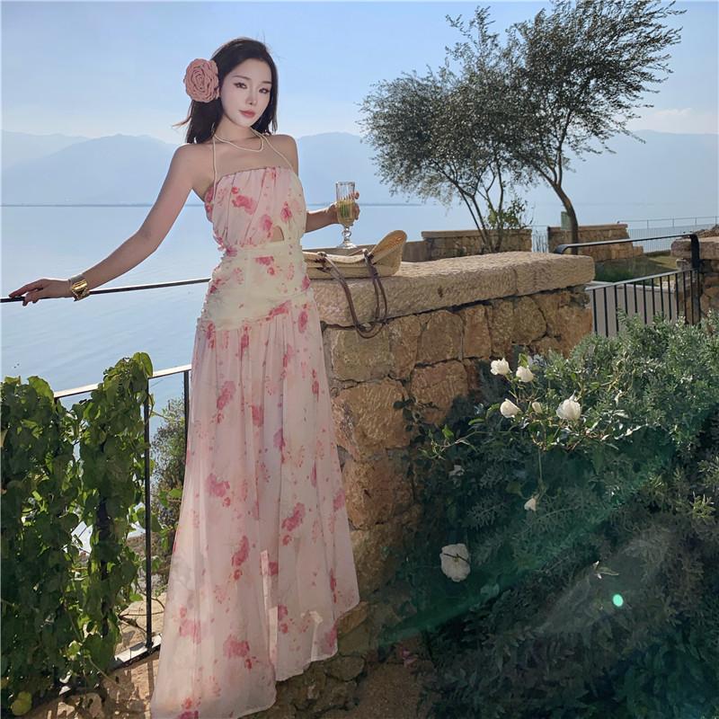 French niche floral new Chinese print dress seaside vacation suspender tube top beach dress