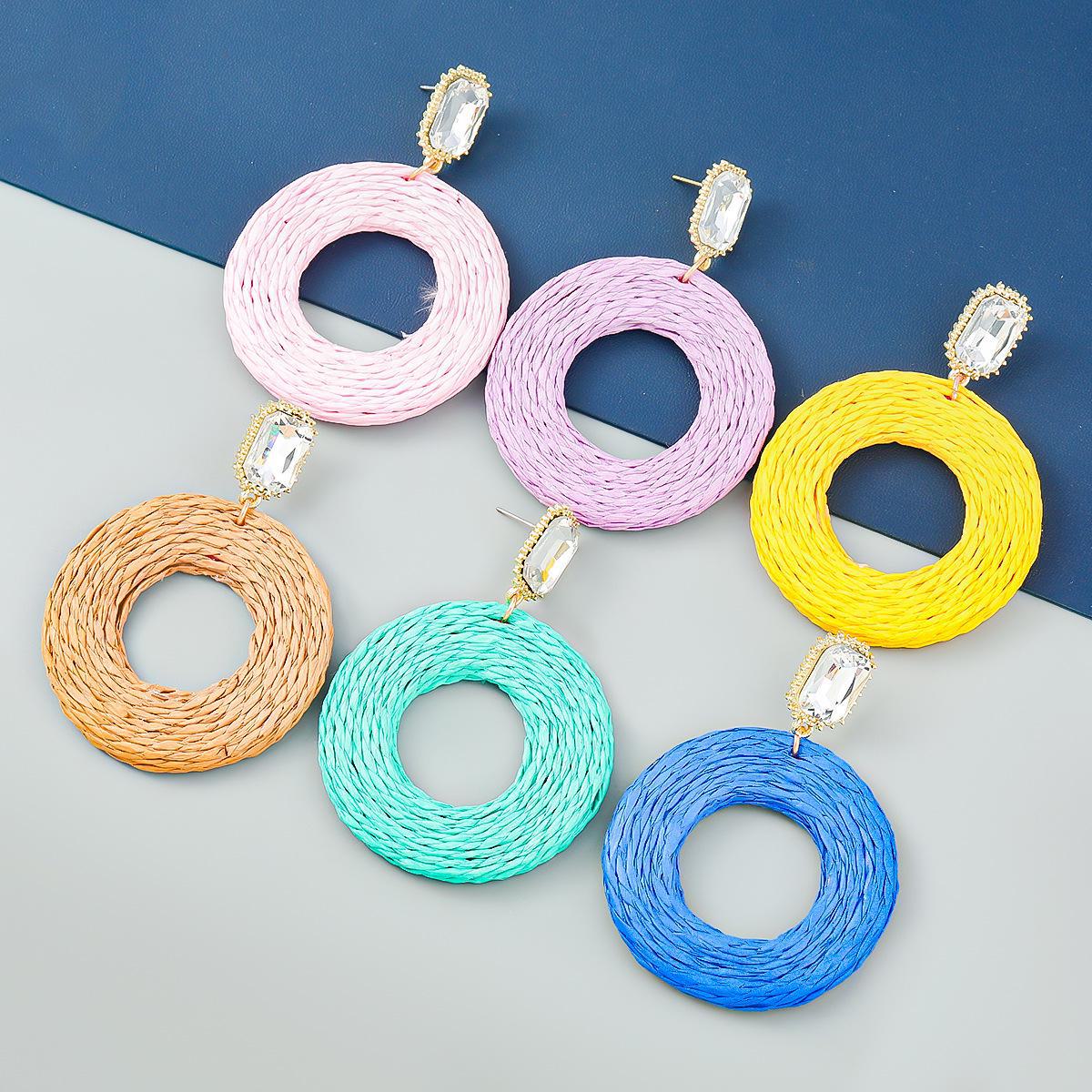 

Retro Summer Raffia Geometric Round Earrings for Women синій