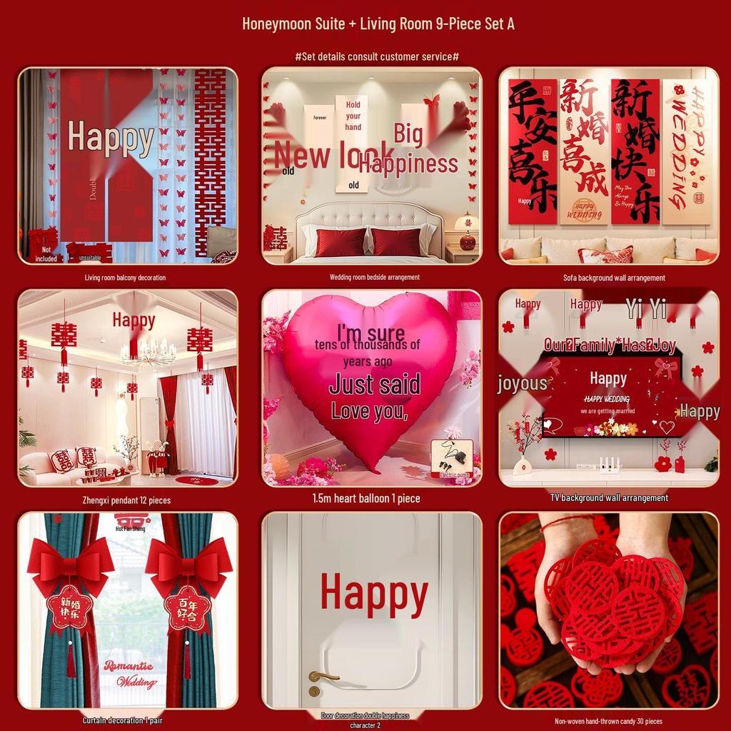 Wedding Room Décor Set: Bride & Groom Bedside Background with Pull Flowers & Double Happiness KT Board