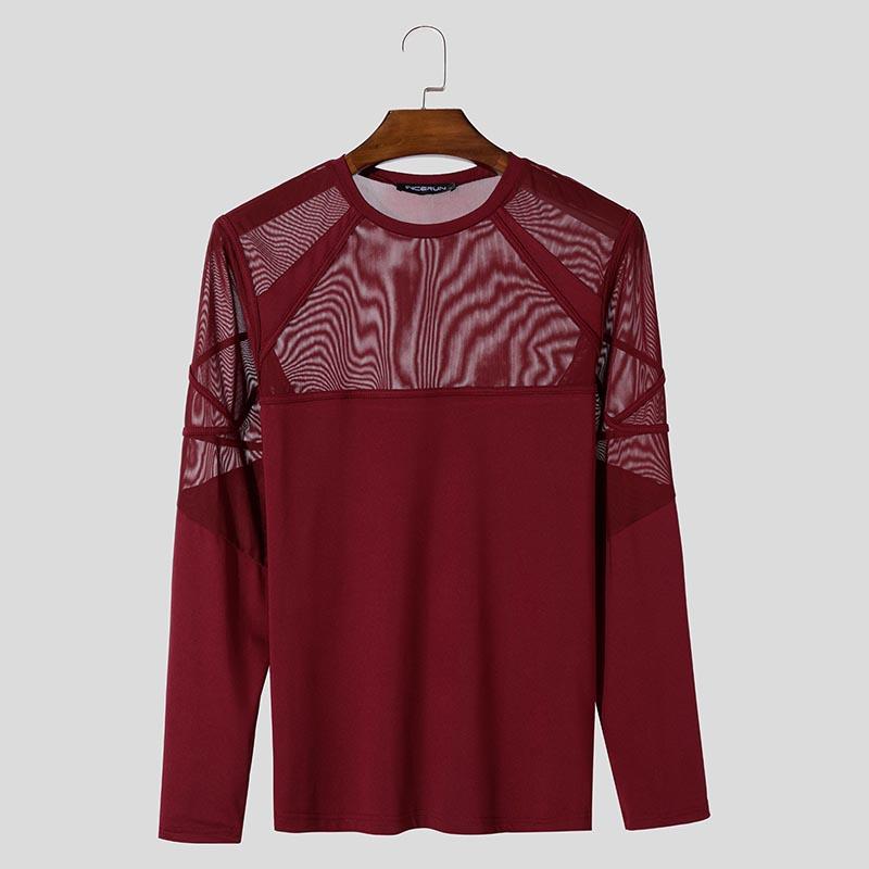 

Чоловічі клубні футболки з довгими рукавами INCERUN із сітчастими швами 3XL вина червоного кольору